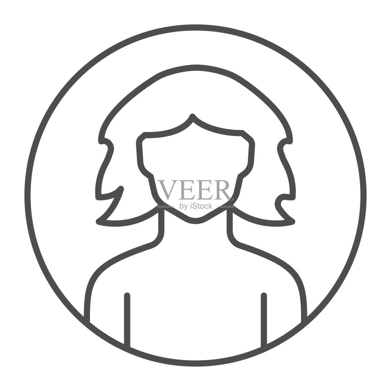 在线教育概念的圆形细线图标女孩,白色背景上的女性轮廓标志,移动和网页设计的轮廓风格女学生个人资料图标。矢量图形。图标素材