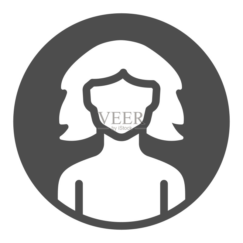 圆形实体图标中的女孩,在线教育概念,白色背景上的女性轮廓标志,移动和网页设计的字形风格女性学生个人资料图标。矢量图形图标素材