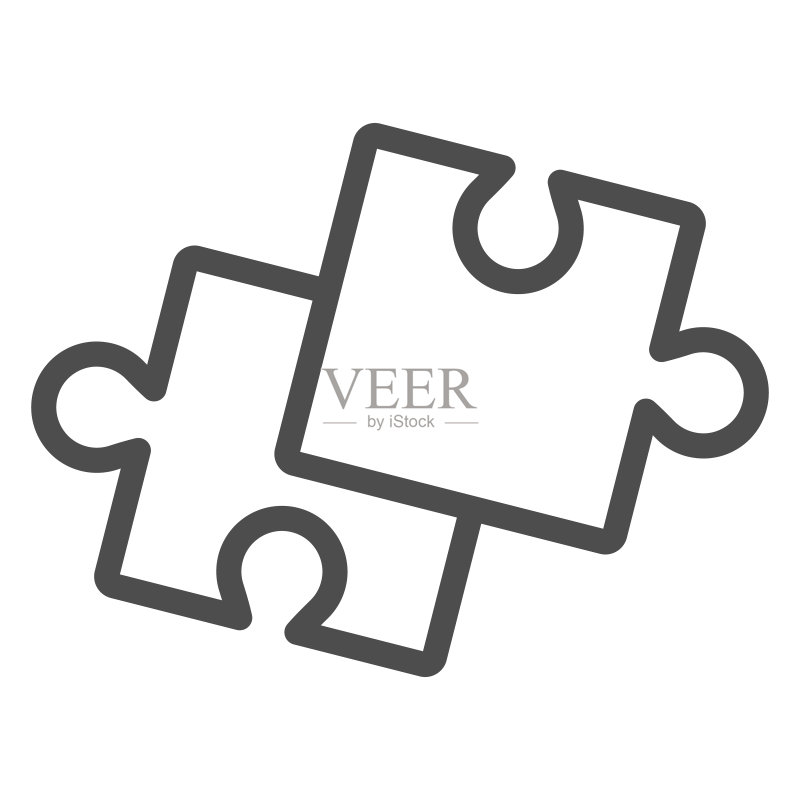 两块拼图线条图标,启动概念,白色背景上的拼图游戏标志,用于移动概念和网页设计的轮廓风格中的两个拼图部分图标。矢量图形。图标素材