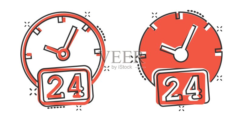 漫画风格的24/7时钟图标。白色背景上的卡通手表矢量插图。定时器飞溅效果商业概念。图标素材