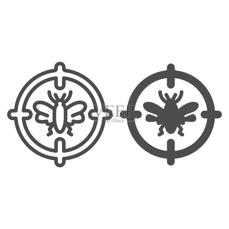 蚊子目标线实体图标,害虫防治概念,白色背景上的目标标志中的小飞虫,用于移动概念和网页设计的轮廓样式中的消灭飞行昆虫图标。矢量图形。图标素材