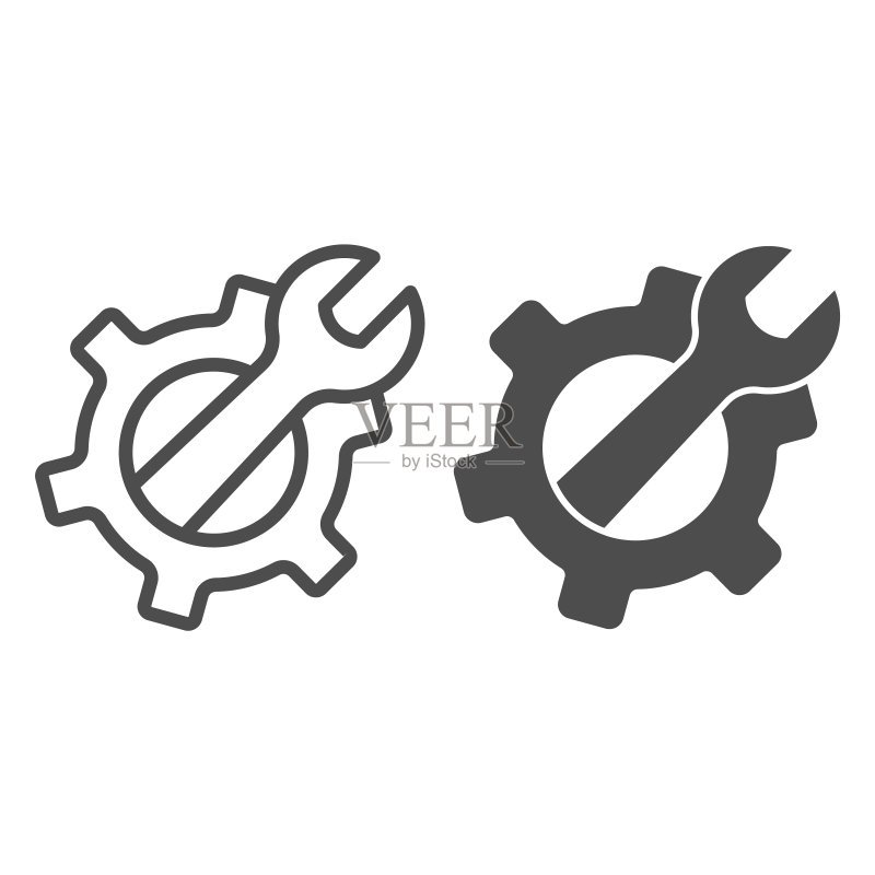 齿轮扳手线性图标:劳动节概念,白色背景上的维修工具标志,移动概念和网页设计的轮廓样式机械和可调节扳手图标矢量图形图标素材