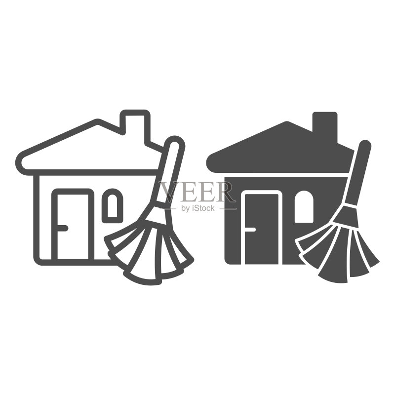 房屋和扫帚线条图标,劳动节家政清洁概念,白色背景下的房屋清洁轮廓图标,矢量图图标素材