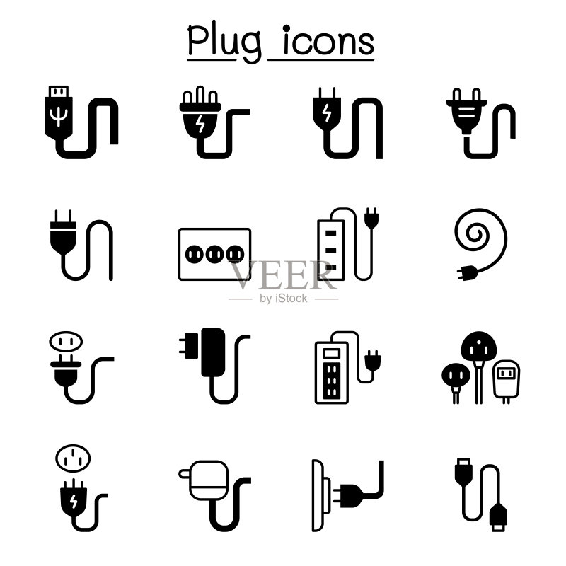 电源插头、USB、电缆、插座、端口图标矢量图图标素材