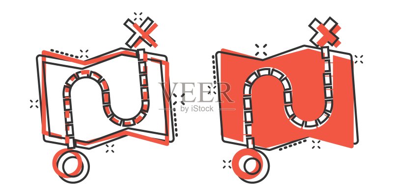 漫画风格地图图钉图标,GPS导航卡通矢量插画,含飞溅效果图标素材