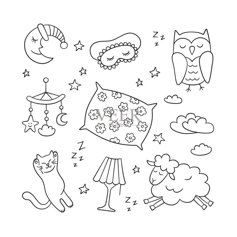 涂鸦风格睡眠图案晚安符号图标素材