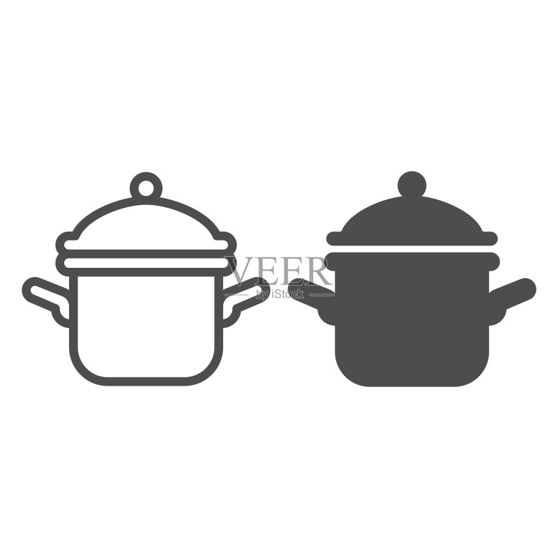 带盖罐线条和实体图标,感恩节概念,白色背景上的砂锅标志,手机概念和网页设计的轮廓风格的平底锅图标。矢量图形图标素材