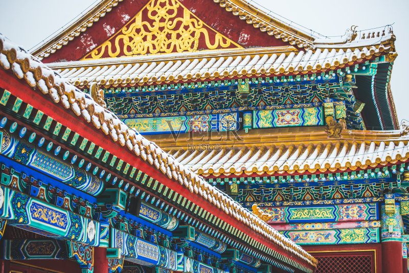 中国北京冬季故宫屋顶雪景照片摄影图片