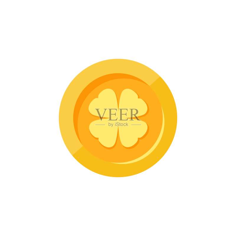 带有三叶草的金色美元硬币,扁平图标,白色背景,幸运符号图标素材