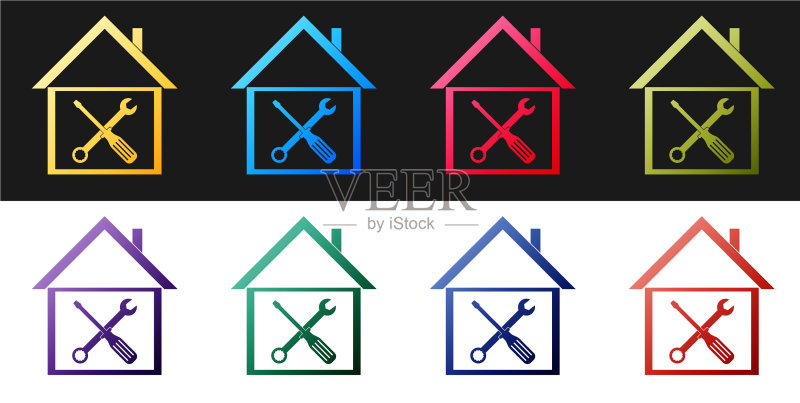 房屋或住宅与螺丝刀和扳手图标图标素材