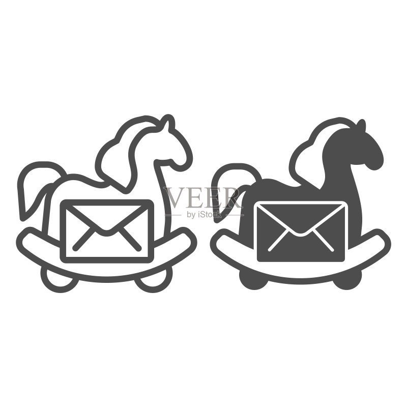 带信件线条和实心图标的特洛伊木马,网络安全概念,白色背景上的病毒电子邮件标志,移动和网络的特洛伊木马电子邮件信封图标。矢量图形。图标素材