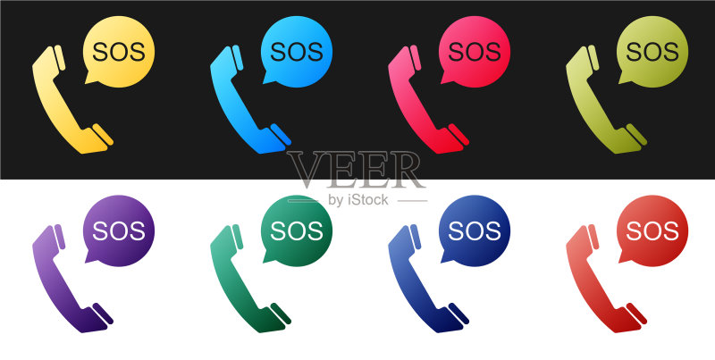 黑色和白色背景上孤立的SOS呼叫图标图标素材