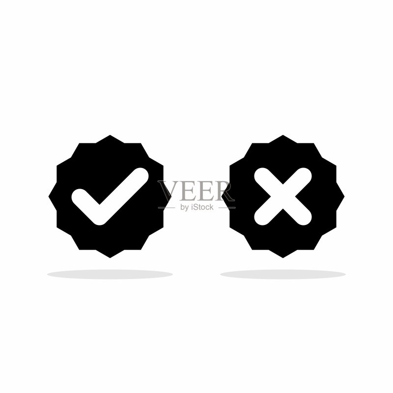 对错符号:勾号和叉号,接受/拒绝,批准/不批准,是/否,正确/错误,绿色/红色,正确/错误,确定/不确定 - 矢量标记符号。白色轮廓设计。隔离图标。图标素材