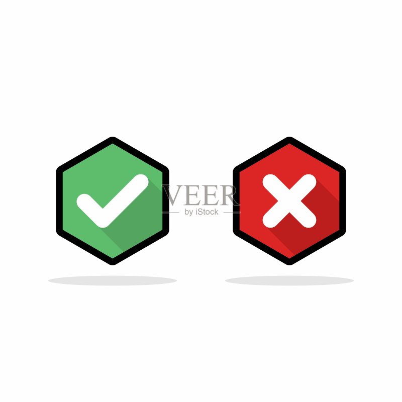 检查和错误标记,勾号和叉号,接受/拒绝,批准/不批准,是/否,正确/错误,绿色/红色,正确/错误,确定/不确定 - 绿色和红色矢量标记符号。黑色笔触和阴影设计。隔离图标。图标素材