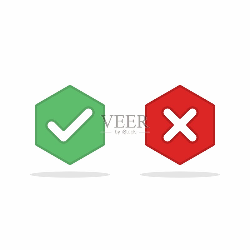 检查和错误标记,打勾和打叉标记,接受/拒绝,批准/不批准,是/否,对/错,绿/红,正确/假,Ok/不Ok -绿色和红色的矢量标记符号。孤立的图标。图标素材