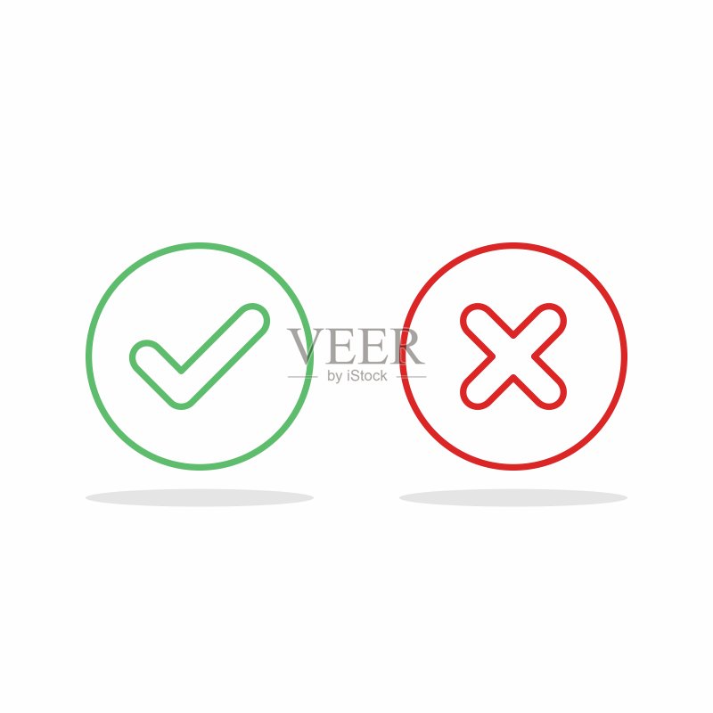 检查和错误标记,打勾和打叉标记,接受/拒绝,批准/不批准,是/否,对/错,绿/红,正确/假,Ok/不Ok -绿色和红色的矢量标记符号。孤立的图标。图标素材