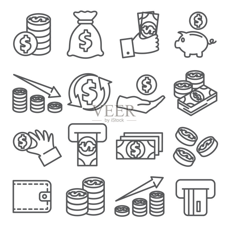 白色背景上的金钱线条图标集图标素材