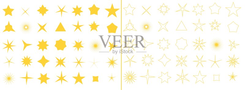 闪亮星星图标合集,节日、圣诞或生日烟花效果金色笔触符号图标素材