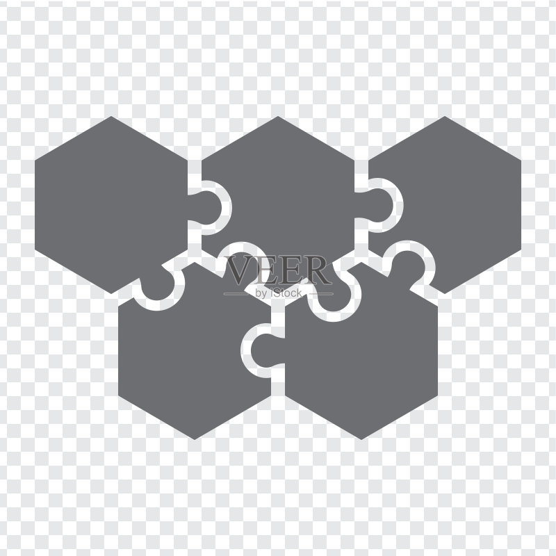 灰色六边形拼图的简单图标。网站设计、Logo、APP、UI透明背景上的五元素拼图简单图标。EPS10。图标素材