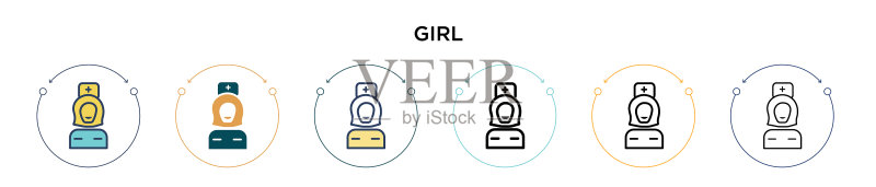 女孩图标,填充细线轮廓和描边图标素材