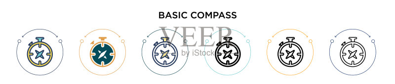 填充细线轮廓的基础指南针图标图标素材
