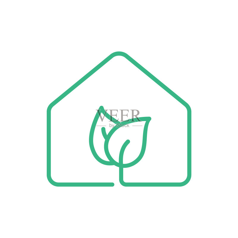 绿色住宅图标。生态住宅标志。带树叶线的简约住宅图标。图标素材
