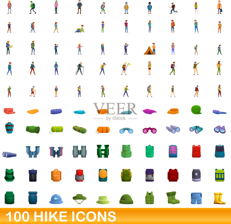 100个徒步旅行图标,卡通风格图标素材