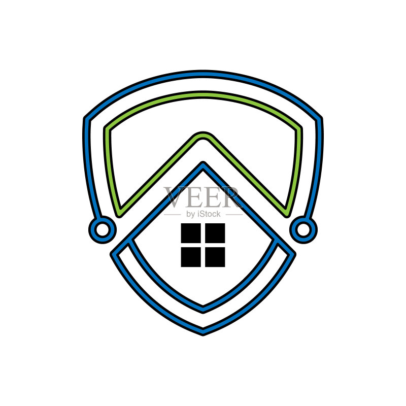 家庭安全Logo图标矢量设计插图。带有盾牌Logo的房屋安全图标设计理念,适用于房屋和房地产。智能房屋安全设计,适用于网站、符号、标志、图标、App、UI。图标素材