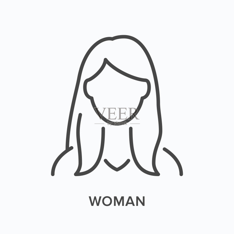 女人扁平线条图标:女性矢量轮廓插图,成年人黑色细线条象形图图标素材