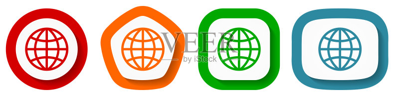 地球矢量图标集,白色背景上的扁平设计按钮图标素材