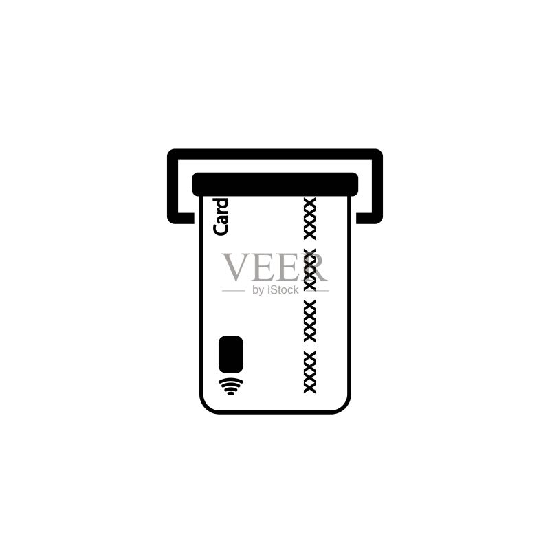 在自动取款机黑色线条图标中插入信用卡。白色背景上的孤立标志。银行卡或支付概念。应用程序、图形设计、信息图表、网络、网站、UI、UX的流行扁平风格。矢量EPS 10图标素材
