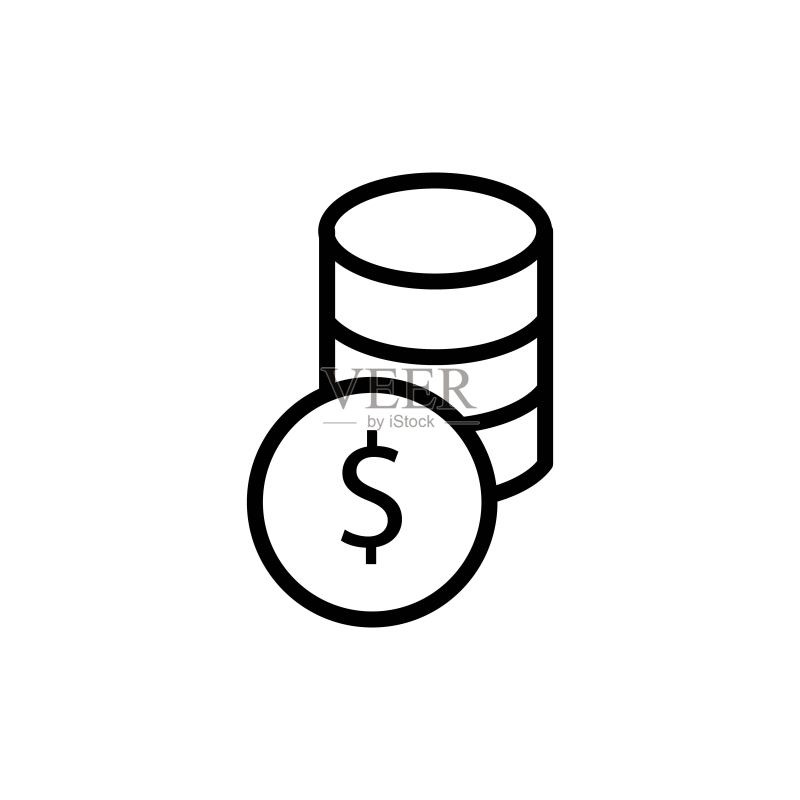 黑色堆叠硬币美元现金线图标。货币标志。货币插图商业概念。应用程序、图形、信息图表、网站、用户界面、用户体验的流行扁平风格。矢量EPS 10。图标素材