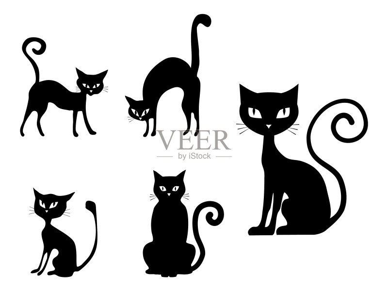 设置各种黑猫剪影坐着的猫图标素材