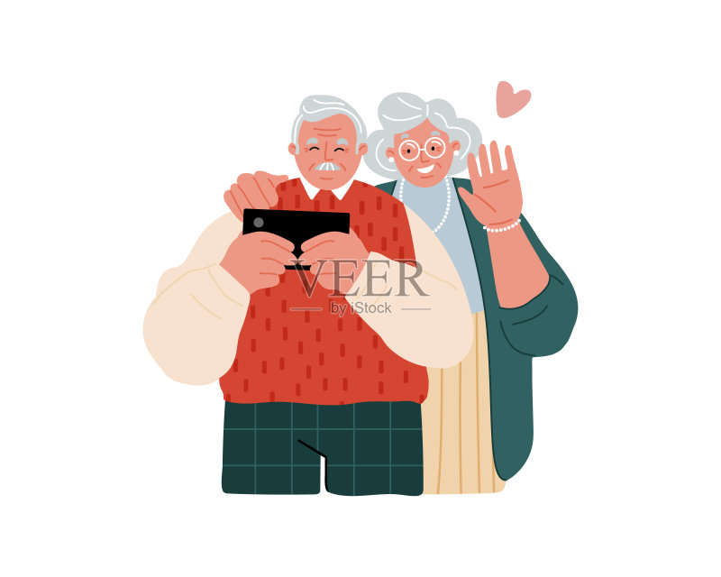 一对老人拿着手机。使用智能设备的年长人员。正版元素素材