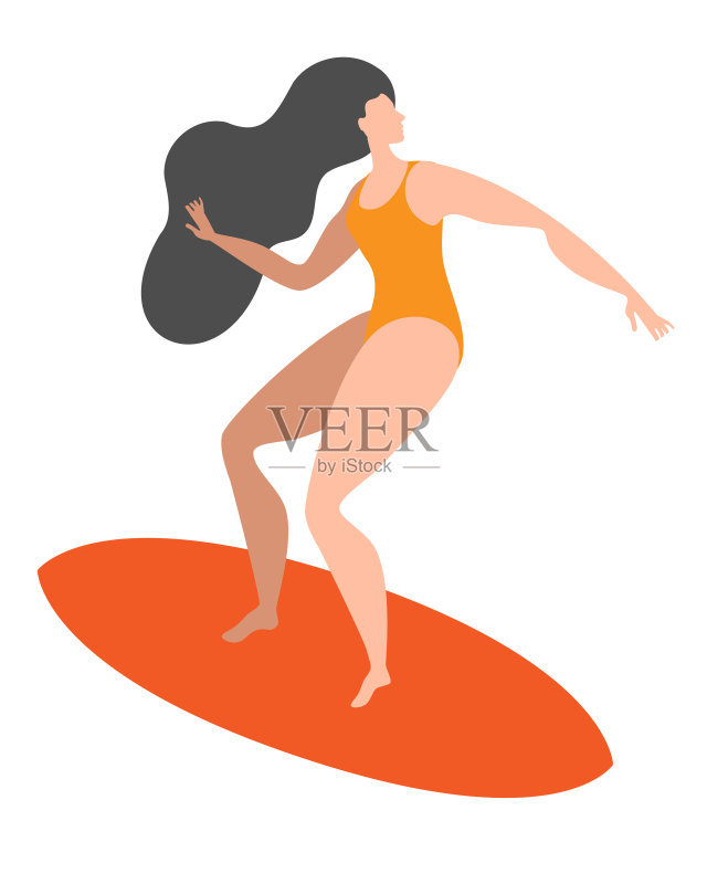 一个穿着泳衣的女孩正在冲浪。正版插画素材