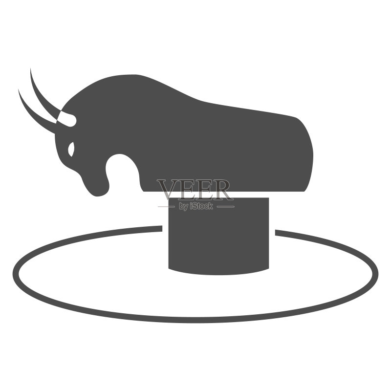 牛仔竞技表演实体图标,游乐设施概念,白色背景上带鞍座的机械公牛标志,用于移动和网页设计的游乐园公牛字形图标。矢量图形。图标素材