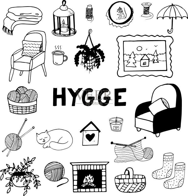 Hygge舒适家居手绘涂鸦风格图标素材