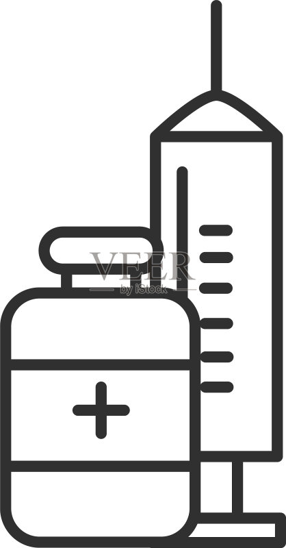 医用注射器和瓶装药品设备线条图标素材