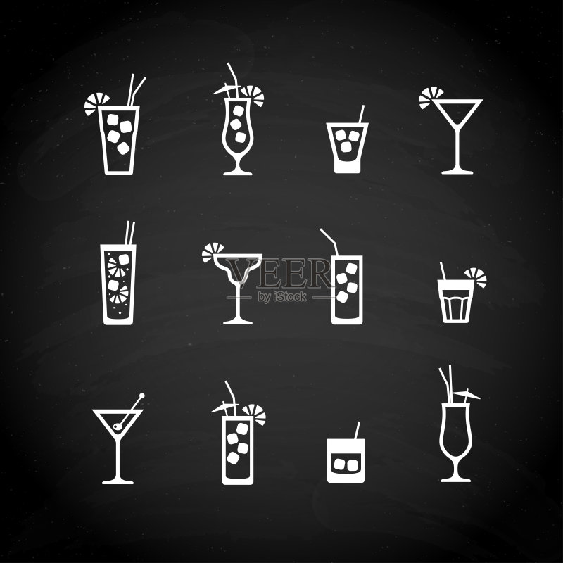 黑色黑板上的白色鸡尾酒图标矢量素材图标素材