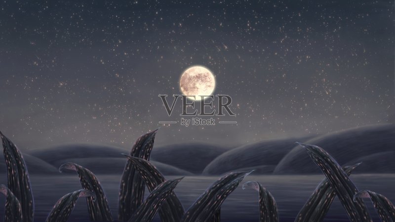 梦幻的夜景,超现实的海与月亮和山,想象的自然,绘画艺术品,3d插图,浪漫的风景正版插画素材