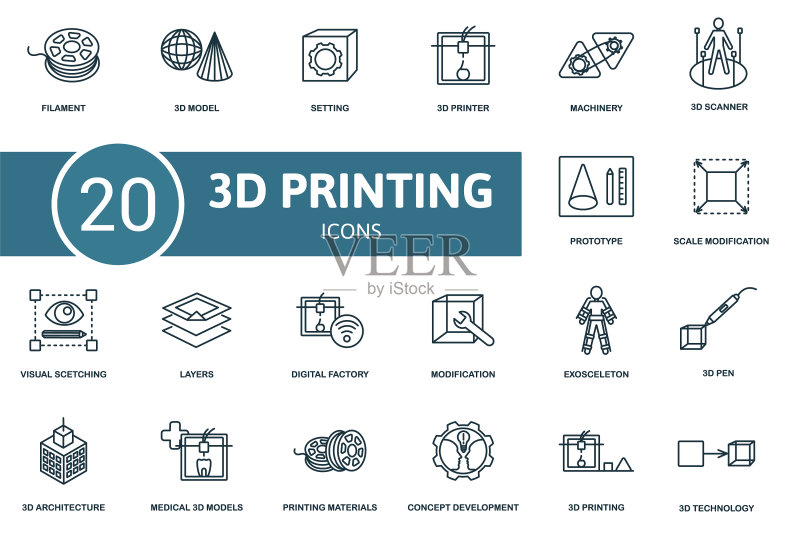 包含细丝的3D打印图标集图标素材