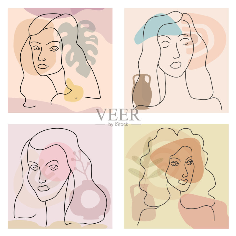 现代简约风格的女人线条肖像图标素材