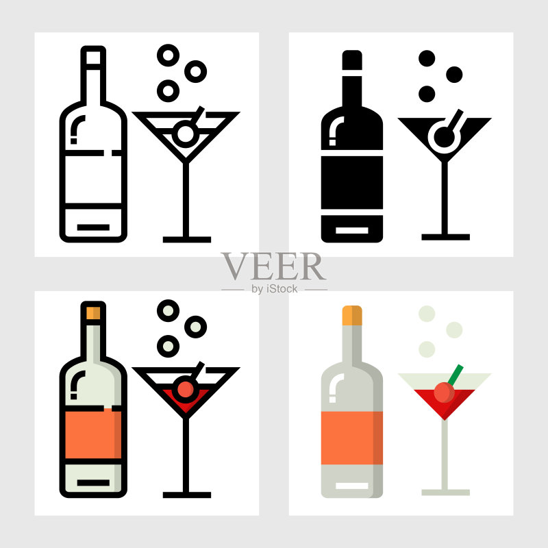 葡萄酒杯和酒瓶图标矢量设计(实心、细线、轮廓和扁平风格)图标素材
