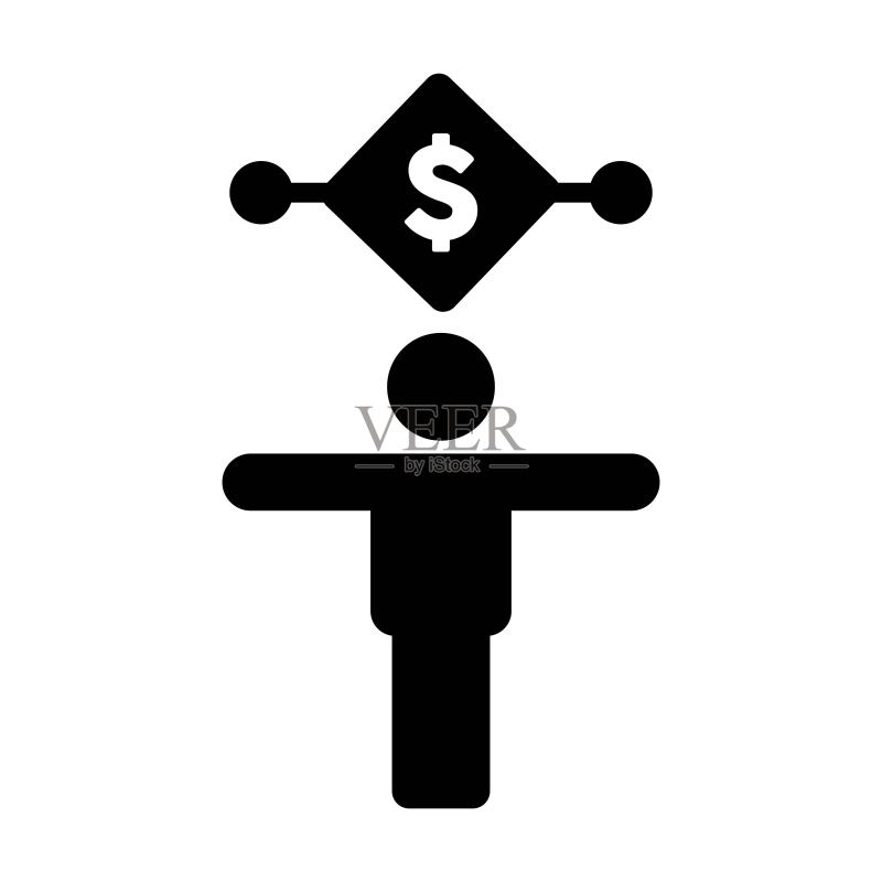 带有男性人物的数字美元货币图标矢量符号,用于字形象形图中的交易图标素材