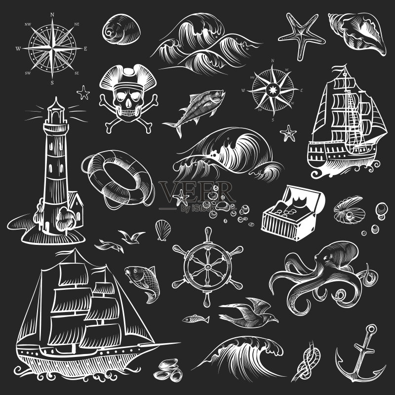 海盗素描手绘冒险合集图标素材