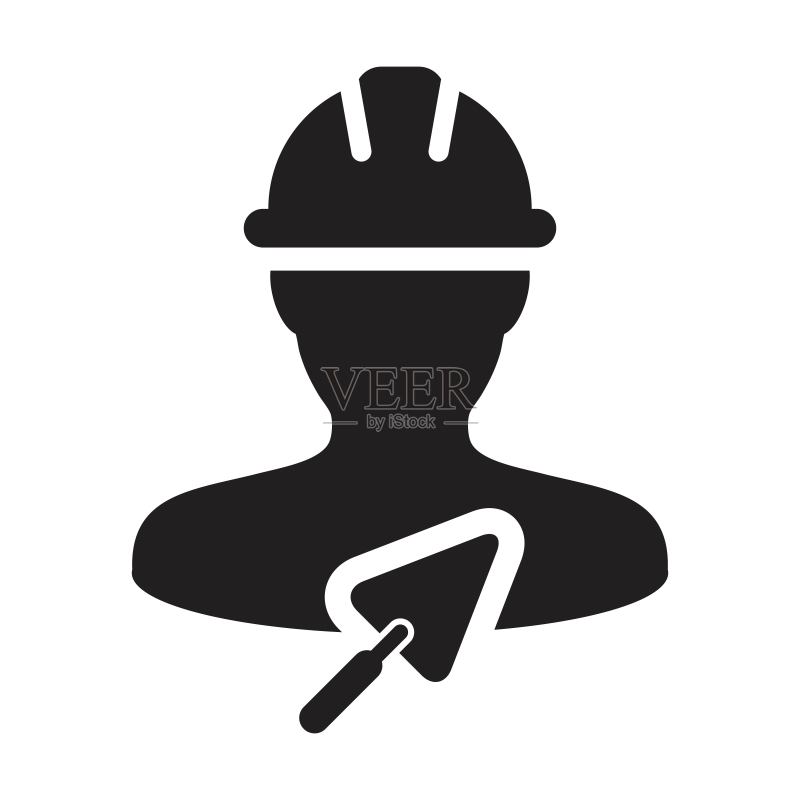 手持泥刀的建筑工人图标矢量图:男性承包商头像,佩戴安全帽图标素材