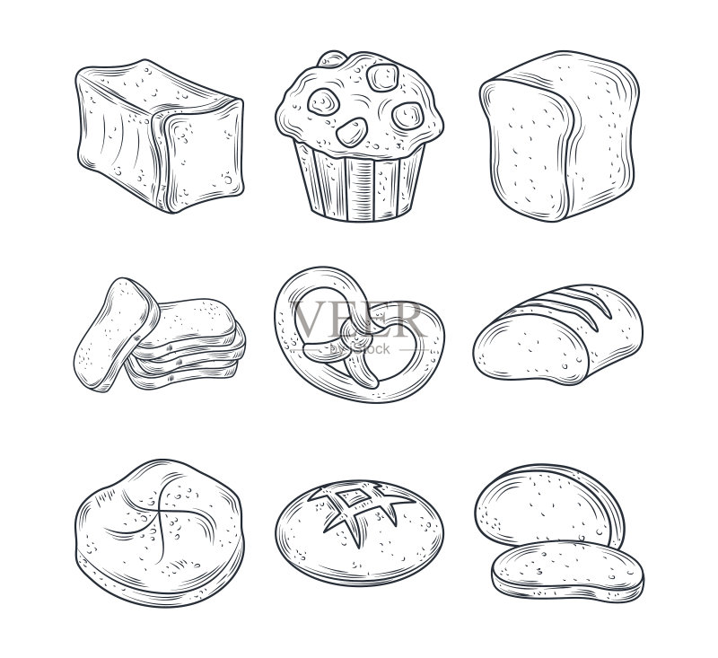 烘焙食品图标:面包、椒盐卷饼、松饼图标素材