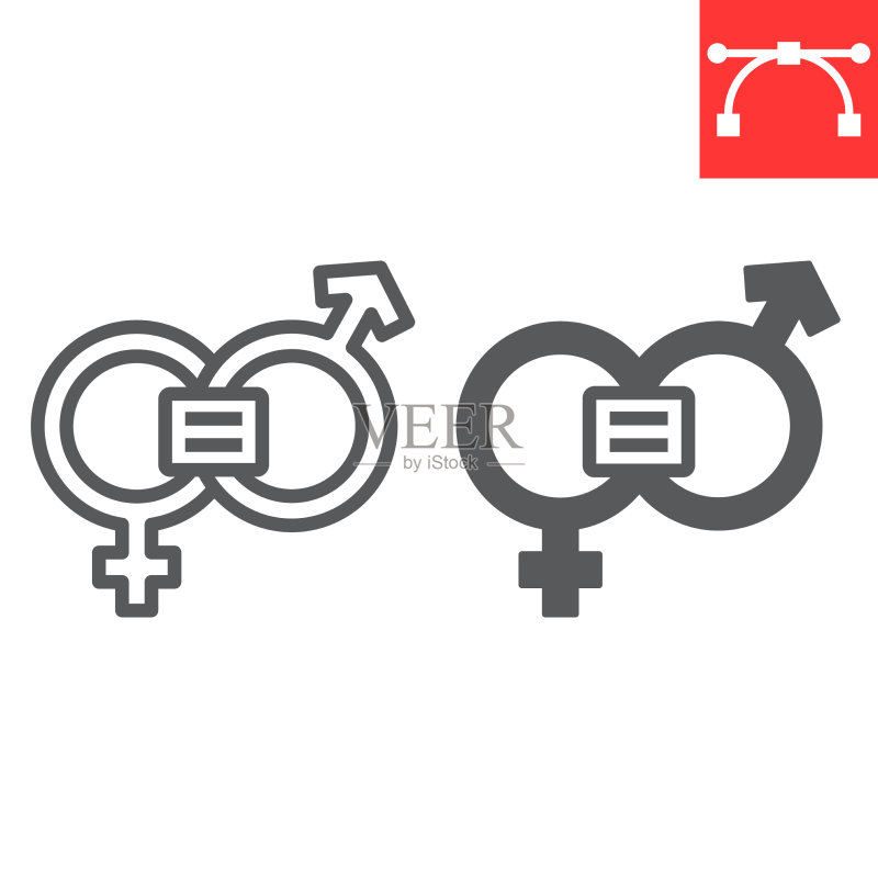 性别平等线性字形图标:反对性别歧视图标素材