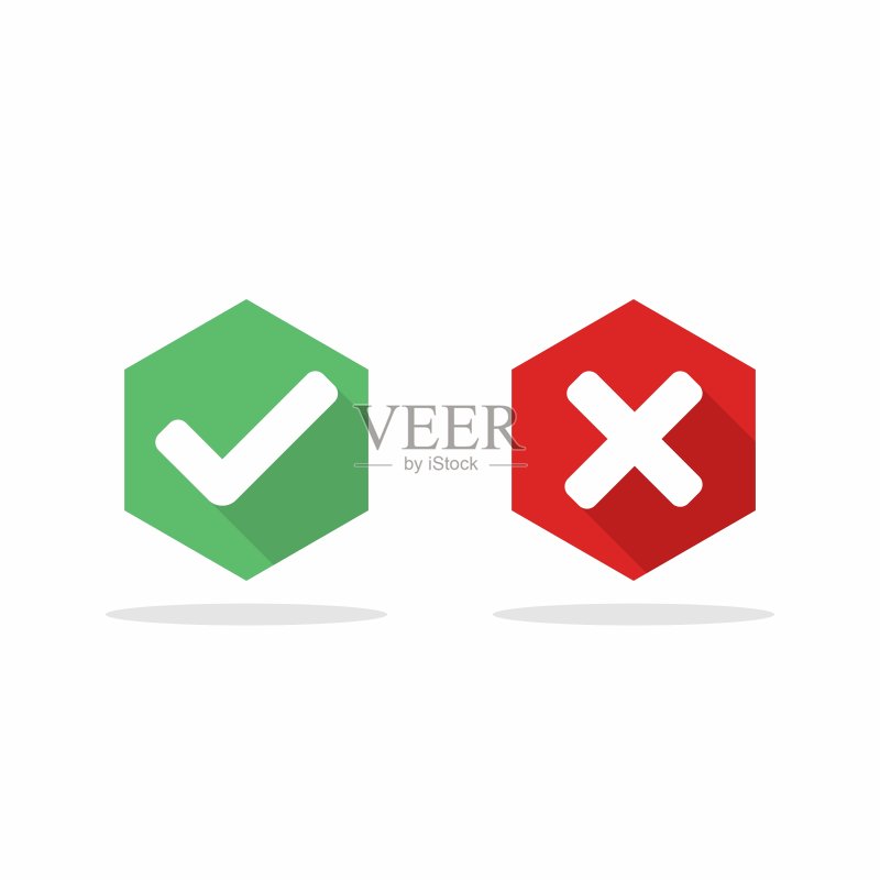 检查和错误标记,打勾和打叉标记,接受/拒绝,批准/不批准,是/否,对/错,绿/红,正确/假,Ok/不Ok -绿色和红色的矢量标记符号。孤立的图标。图标素材
