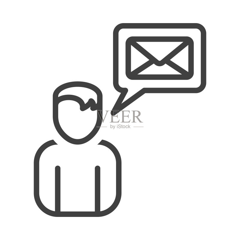 人物图标告知信件信息。带聊天云的男子轮廓简图。纯白色背景上的孤立矢量。图标素材